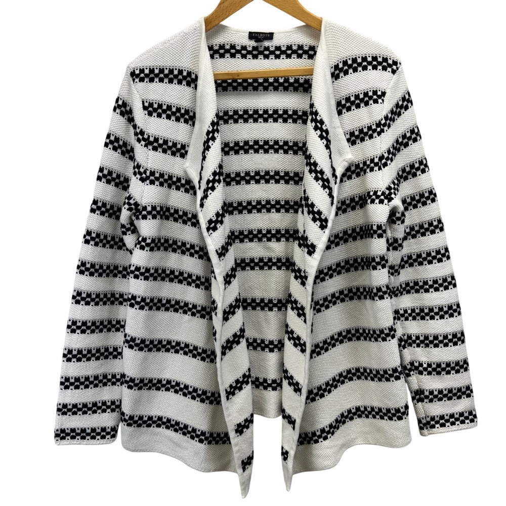 Talbots Petite Women's LP Black White Stripe Knit Open Front Cardigan Sweater LP